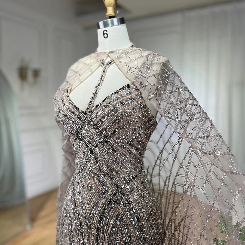 Serene Hill 2025 Arabic Caramel Mermaid Long Cloak Beaded Dubai Luxury Evening Dresses Gowns for Women Wedding Party LA72053B - SERENE HILL