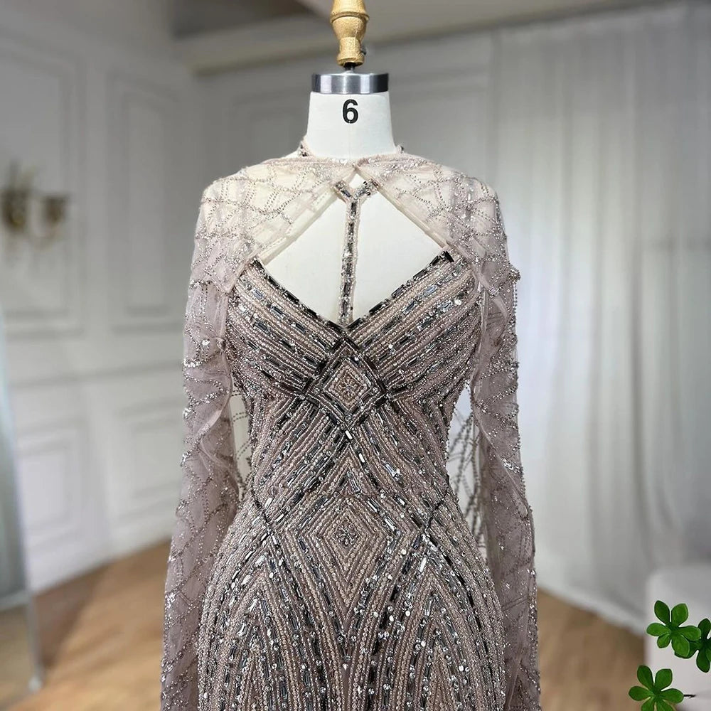 Serene Hill 2025 Arabic Caramel Mermaid Long Cloak Beaded Dubai Luxury Evening Dresses Gowns for Women Wedding Party LA72053B - SERENE HILL