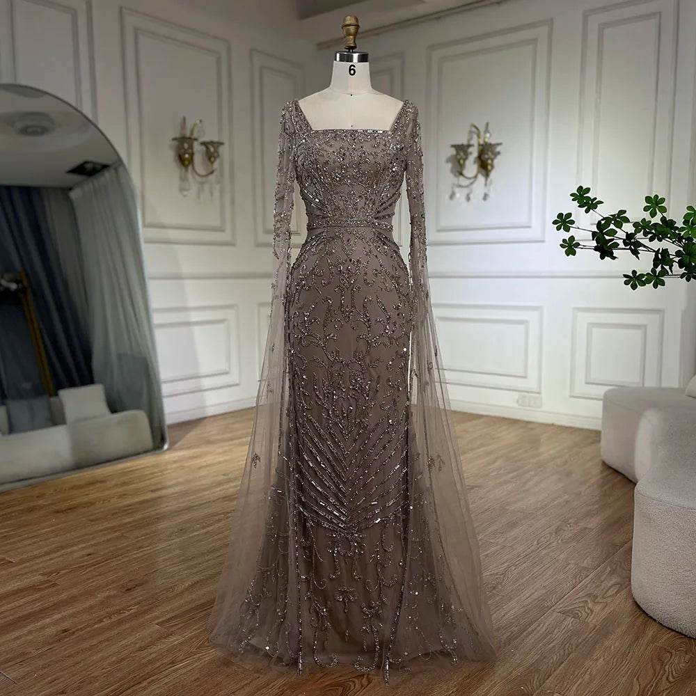 Arabic Caramel Beaded Mermaid Evening Dress with Cape Sleeves LA72400A - SERENE HILL