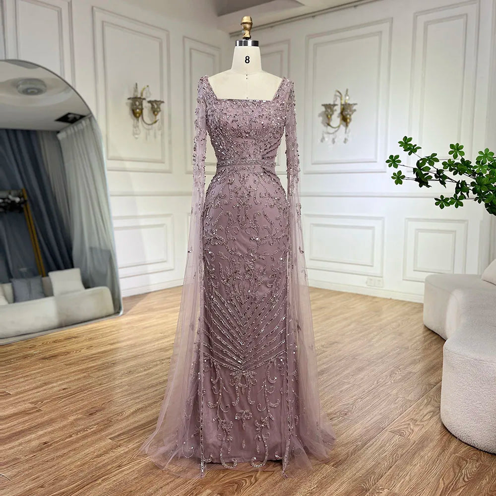 Arabic Caramel Beaded Mermaid Evening Dress with Cape Sleeves LA72400A - SERENE HILL