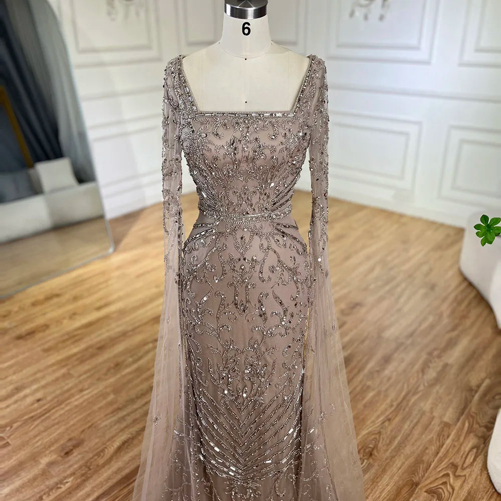 Arabic Caramel Beaded Mermaid Evening Dress with Cape Sleeves LA72400A - SERENE HILL