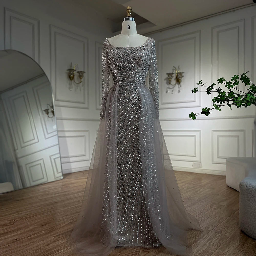 Luxury Gray Beaded Mermaid Evening Dress with Detachable Skirt LA71618L - SERENE HILL