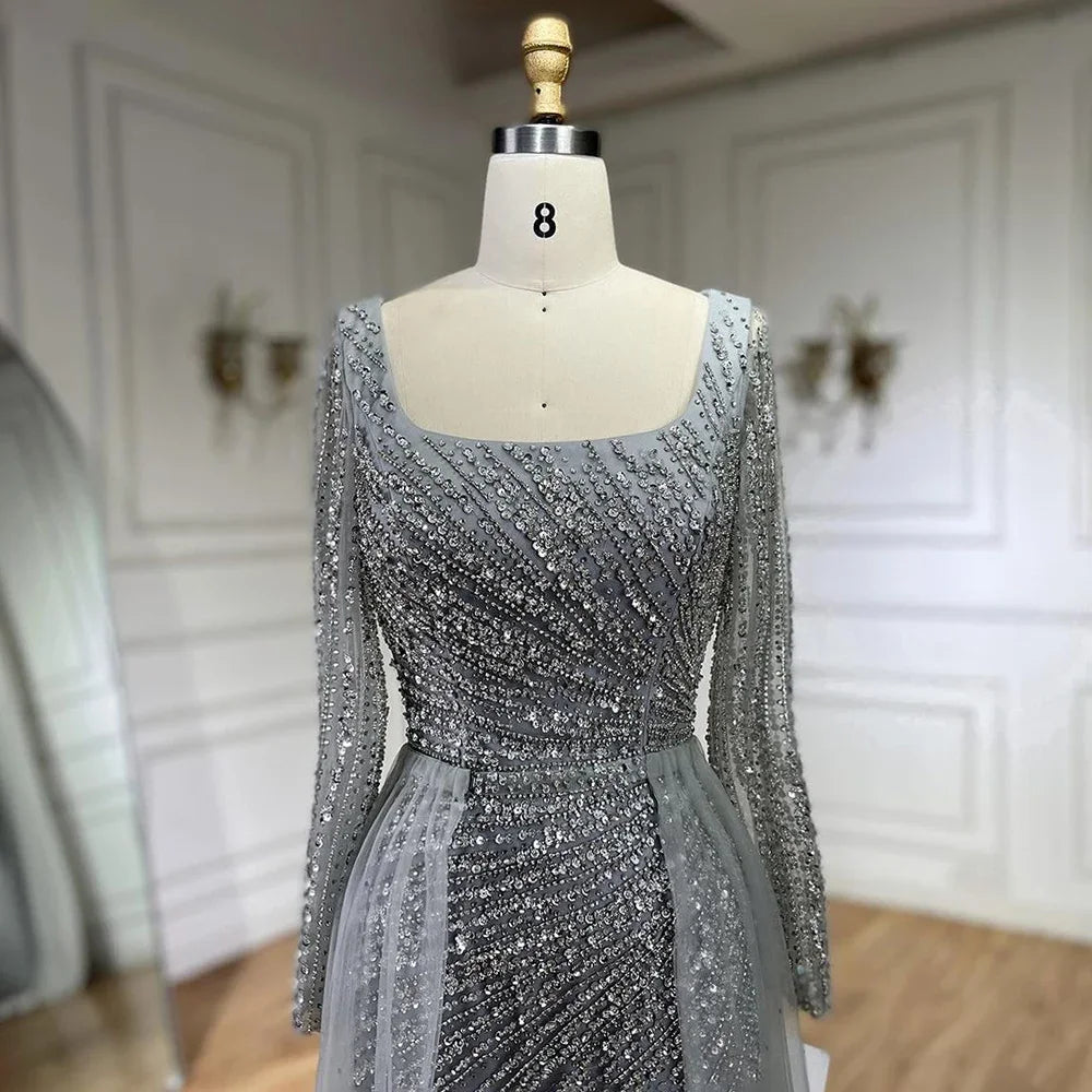 Luxury Gray Beaded Mermaid Evening Dress with Detachable Skirt LA71618L - SERENE HILL