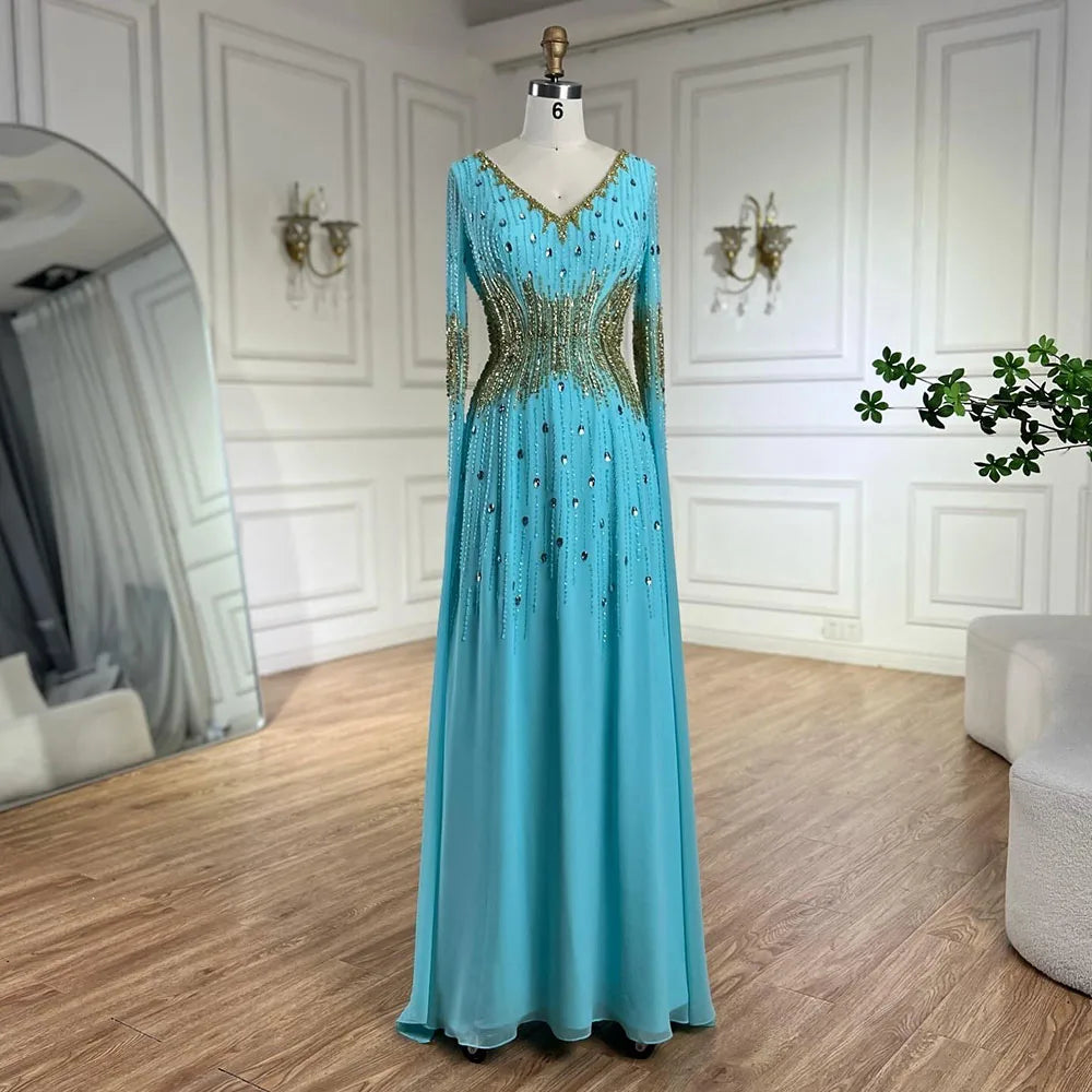 Serene Hill 2025 Arabic Elegant Blue Cape Sleeves Beaded Mermaid Evening Gown for Women&