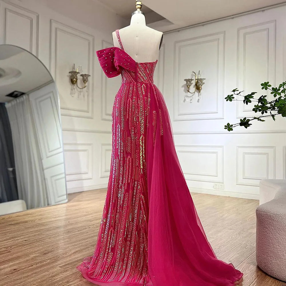 Serene Hill Arabic Fuchsia One Shoulder Blue Beaded Luxury Dubai Evening Gowns with Side Skirt for Women&