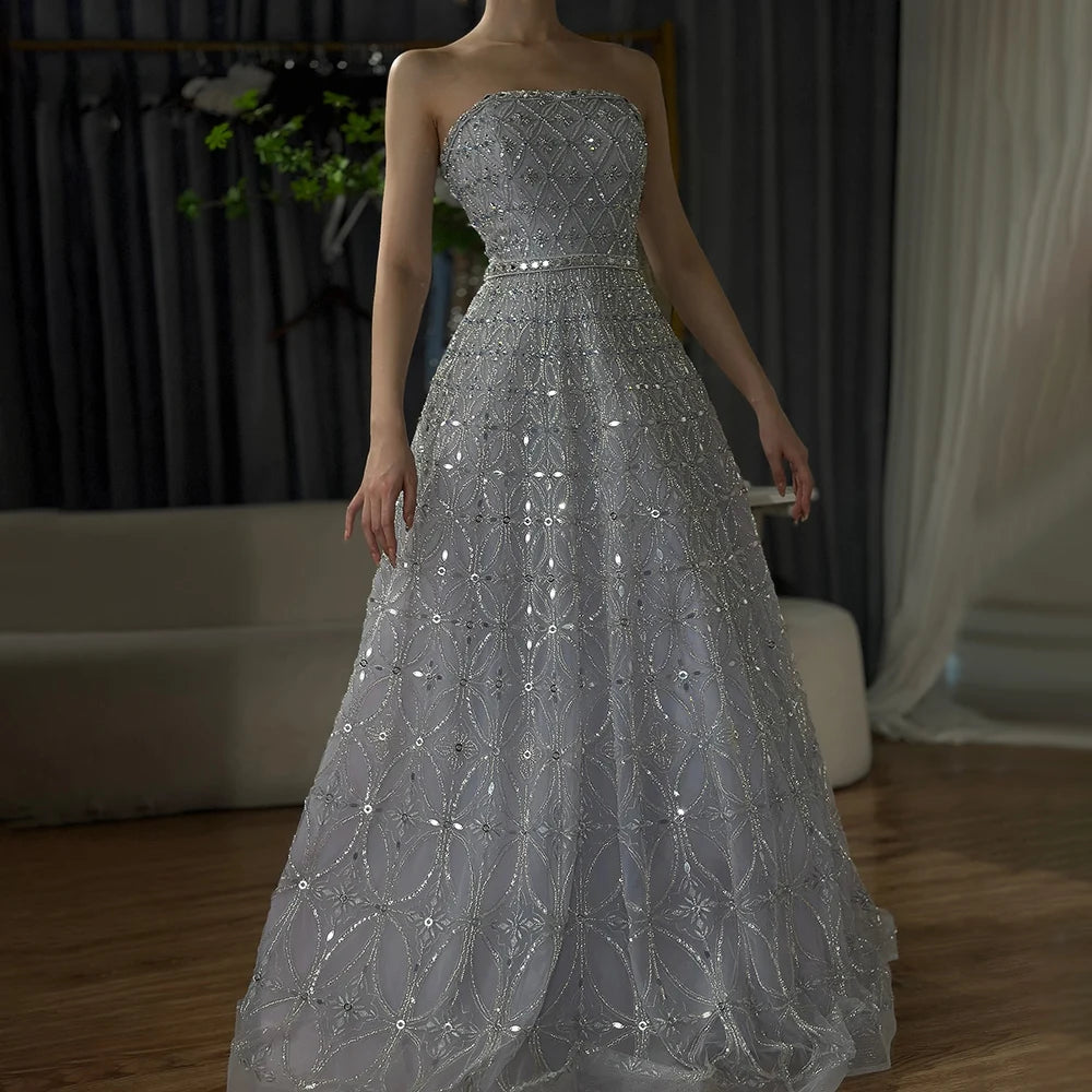 Luxury Dubai Arabic Gray A Line Elegant Beaded Long Evening Dresses Go SERENE HILL Luxury Dubai Arabic Gray A Line Elegant Beaded Long Evening Dresses Go SERENE HILL