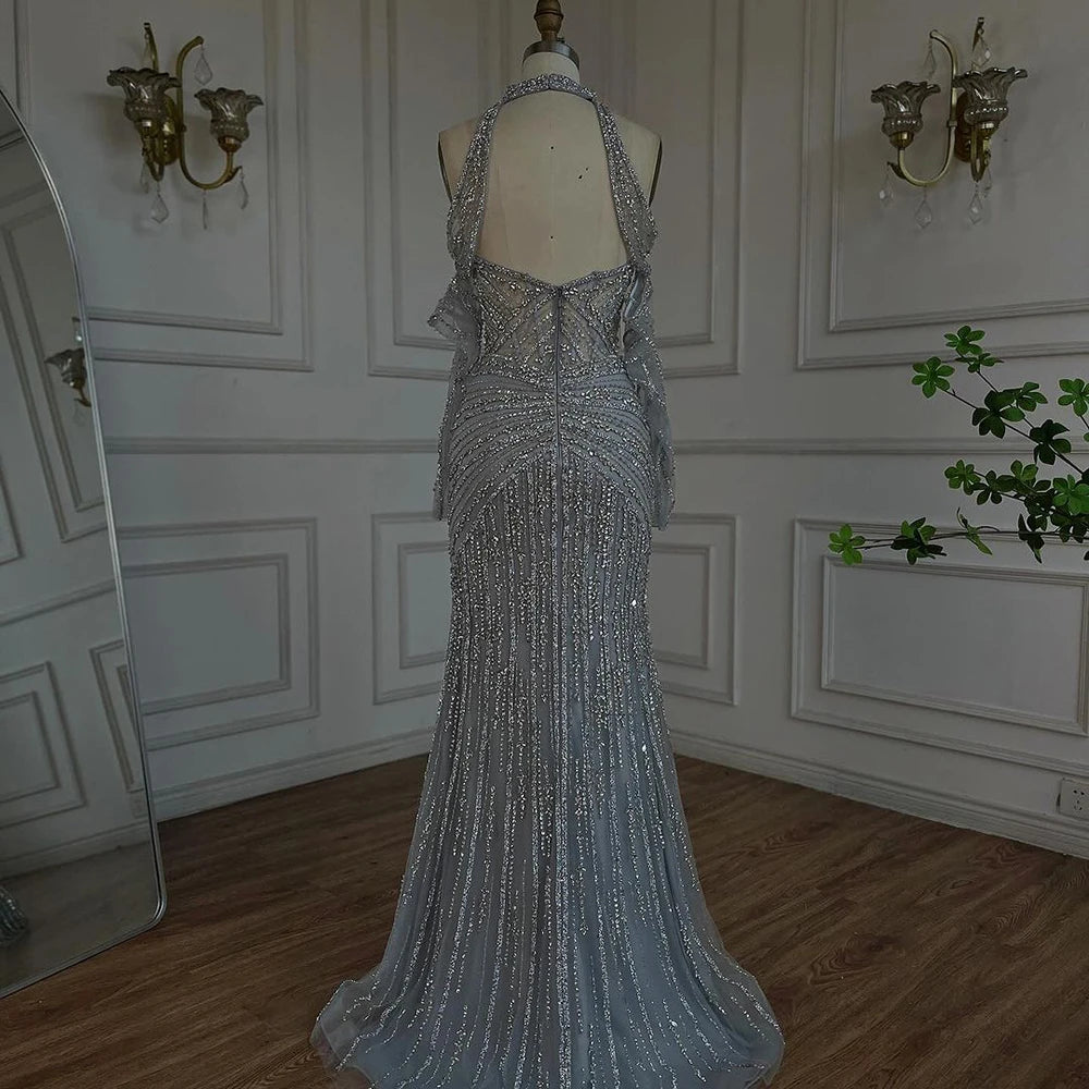 Serene Hill 2025 Arabic Gray Decorative Halter Mermaid Luxury Dubai Evening Gown Beaded Dress for Women&