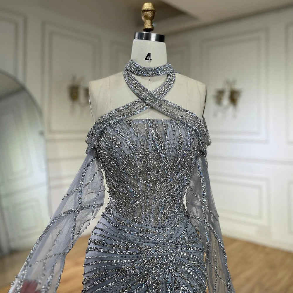 Serene Hill 2025 Arabic Gray Decorative Halter Mermaid Luxury Dubai Evening Gown Beaded Dress for Women&