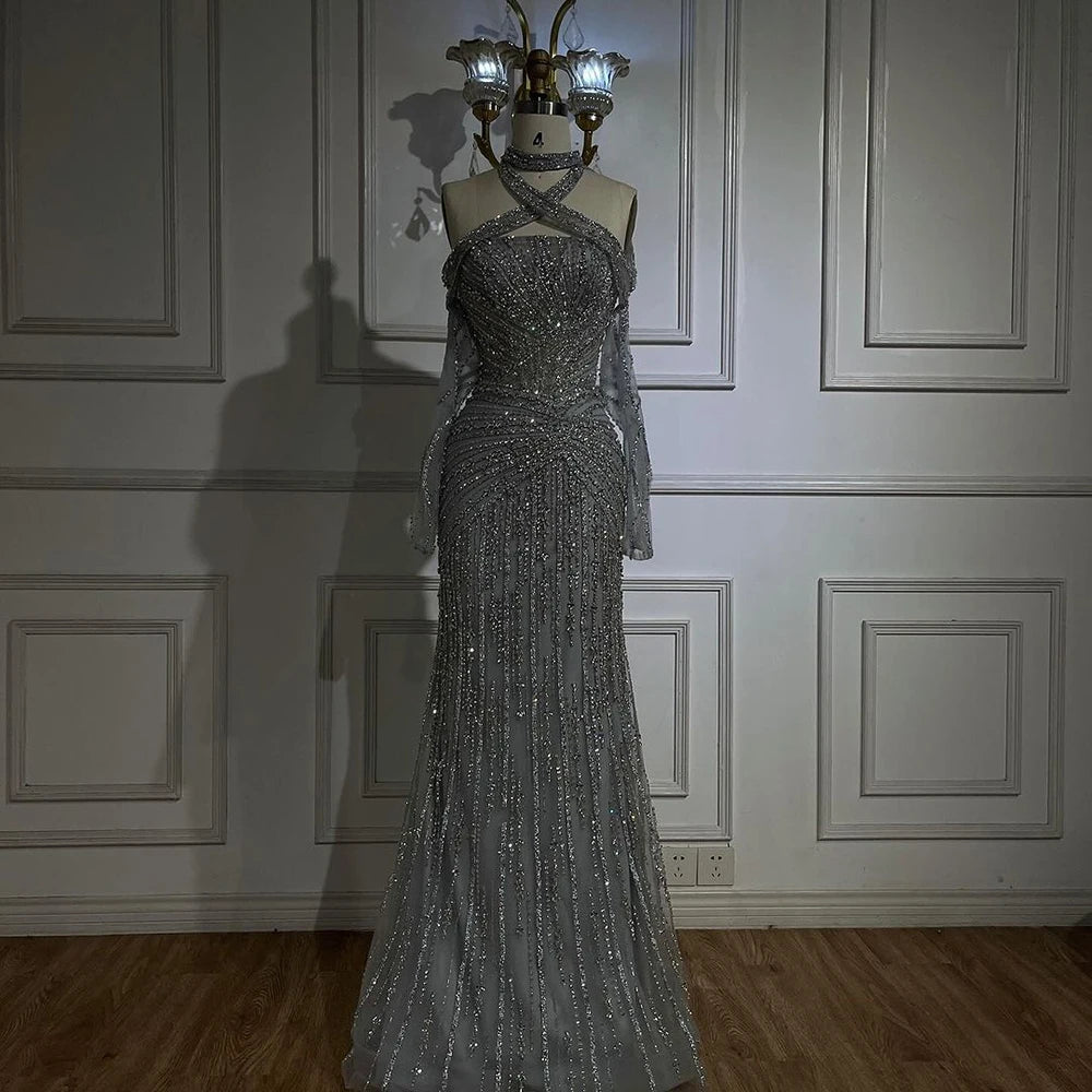 Serene Hill 2025 Arabic Gray Decorative Halter Mermaid Luxury Dubai Evening Gown Beaded Dress for Women&