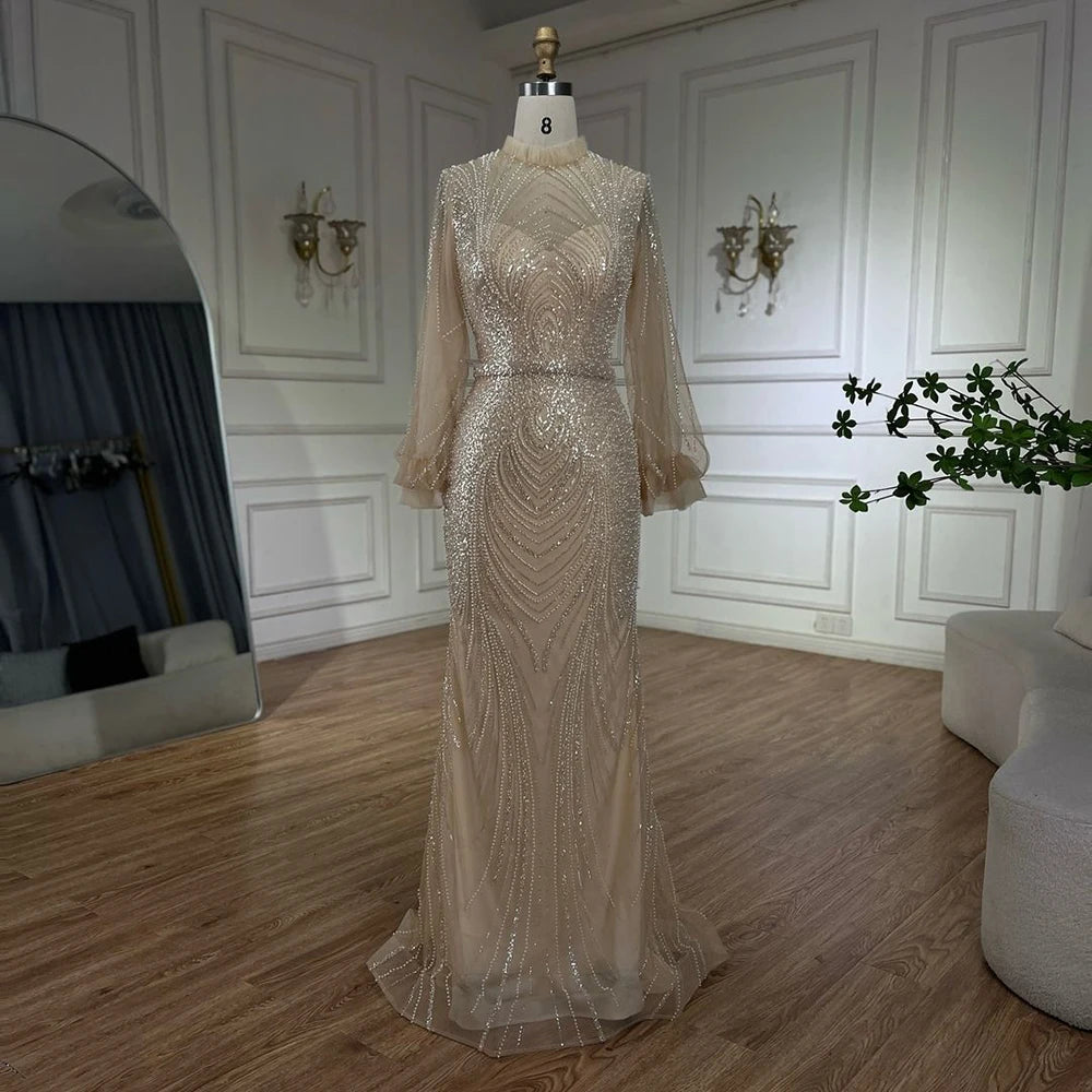 Modest Gray High Neck Mermaid Evening Dress with Long Sleeves LA71690A - SERENE HILL