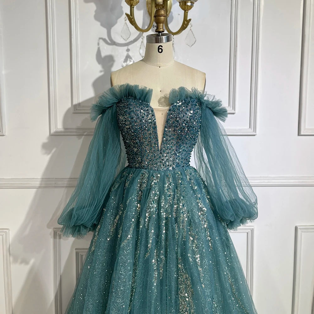 Serene Hill 2025 Arabic Green A-Line Elegant Beaded Luxury Evening Gowns with Puff Sleeves for Women Party LA72655 - SERENE HILL