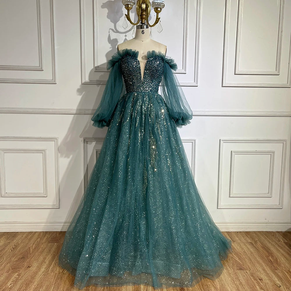 Serene Hill 2025 Arabic Green A-Line Elegant Beaded Luxury Evening Gowns with Puff Sleeves for Women Party LA72655 - SERENE HILL