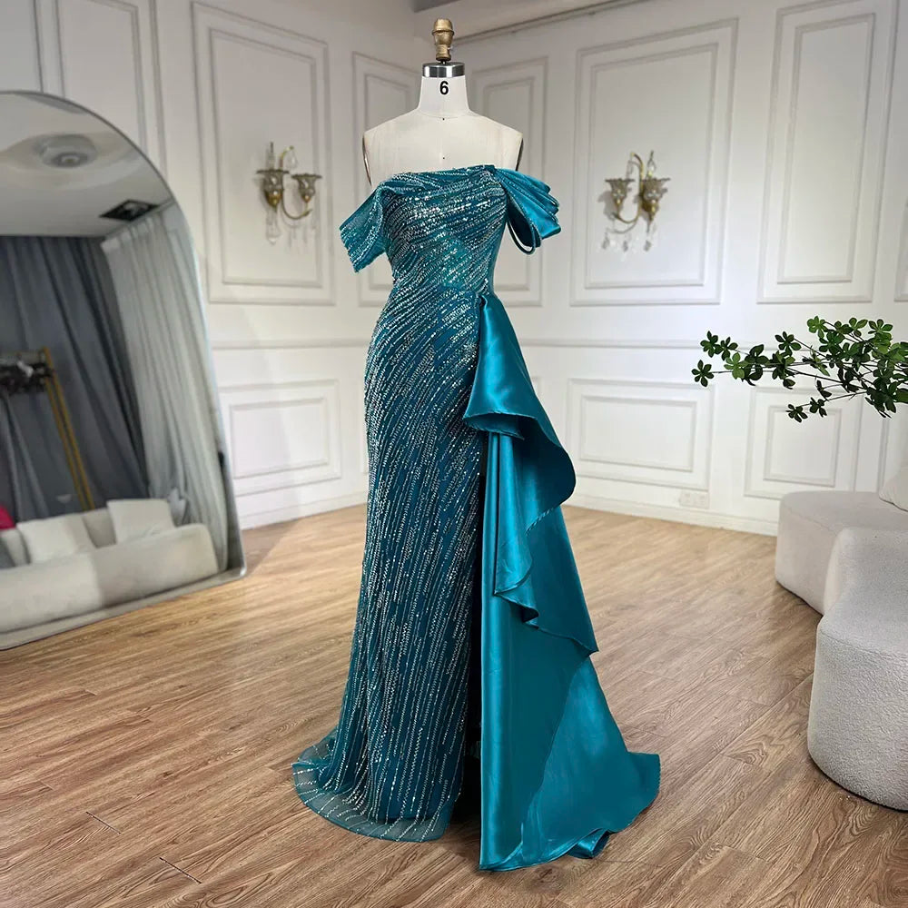Serene Hill 2025 Arabic Green Mermaid Overskirt Luxury Beaded Long Evening Gowns with Split for Women Wedding Party LA72633 - SERENE HILL