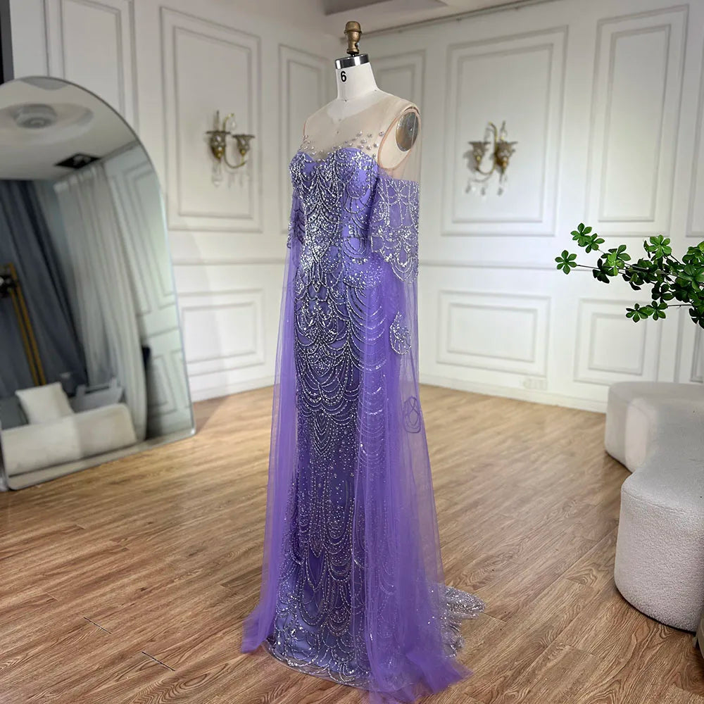 Serene Hill 2025 Arabic Lilac Cape Sleeves Mermaid Luxury Dubai Evening Gown Beaded Dress for Women&