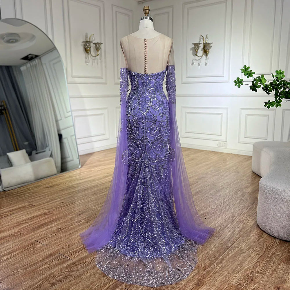 Serene Hill 2025 Arabic Lilac Cape Sleeves Mermaid Luxury Dubai Evening Gown Beaded Dress for Women&