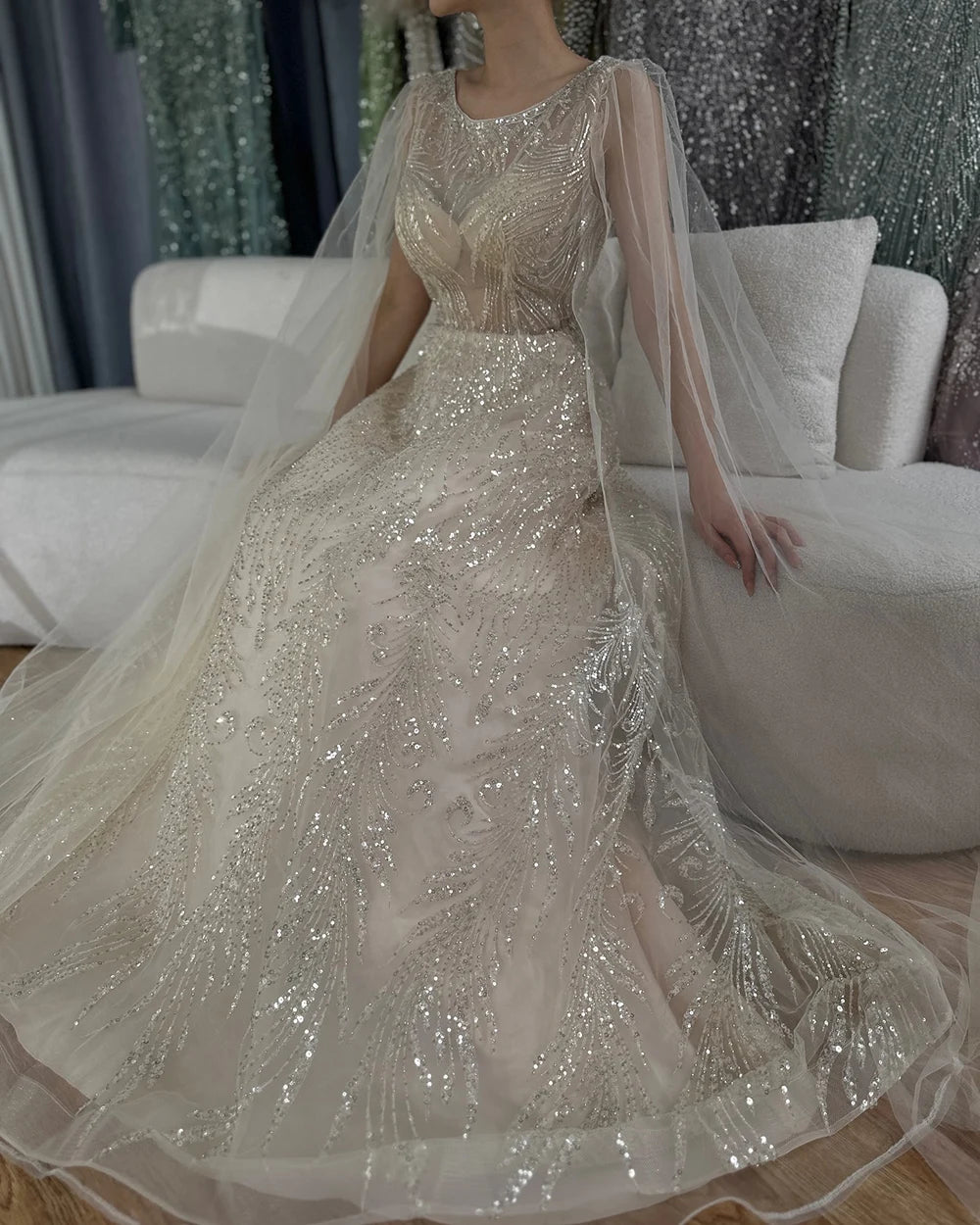 Luxury Dubai Arabic Lilac Elegant A-Line Beaded Long Evening Dresses Gowns with Cape Sleeves for Formal Occasion LA72744 - SERENE HILL