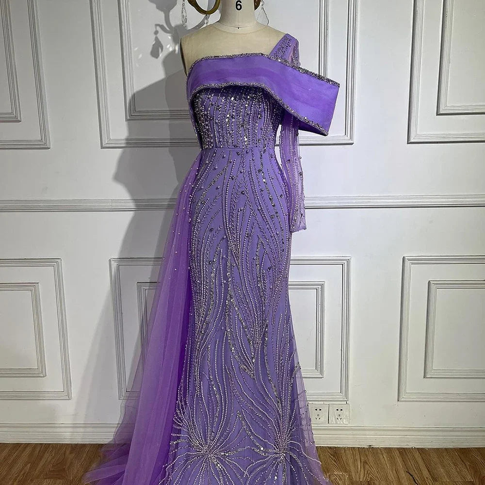 Serene Hill 2025 Arabic Lilac Evening Dress Side Train Pearls One Shoulder for Women&