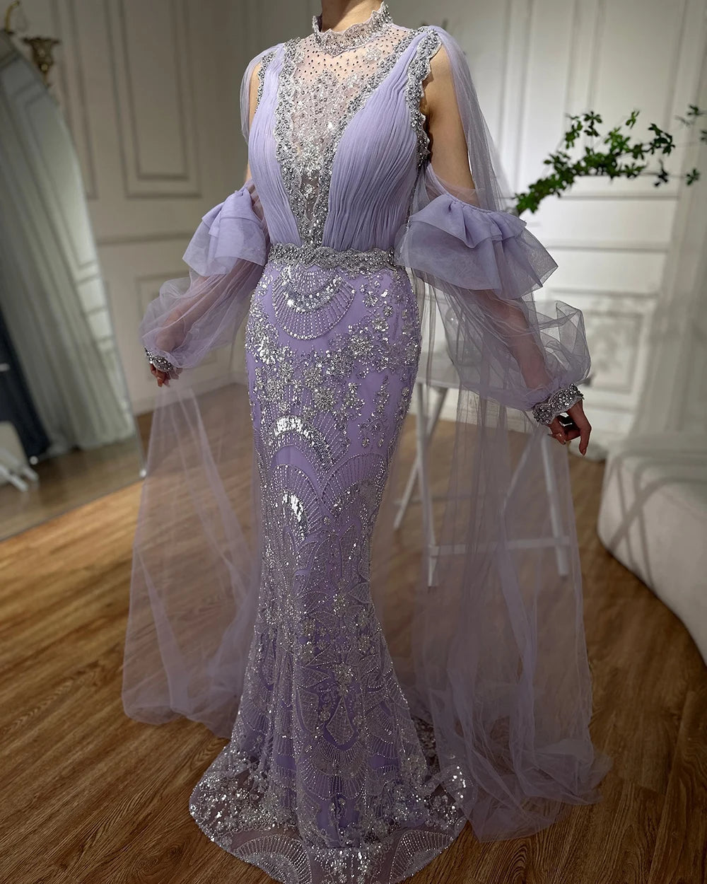 Luxury Dubai Arabic Lilac Mermaid Puffy Sleeves Sparkling Beaded Long Evening Dresses Gowns for Formal Occasion LA72745 - SERENE HILL
