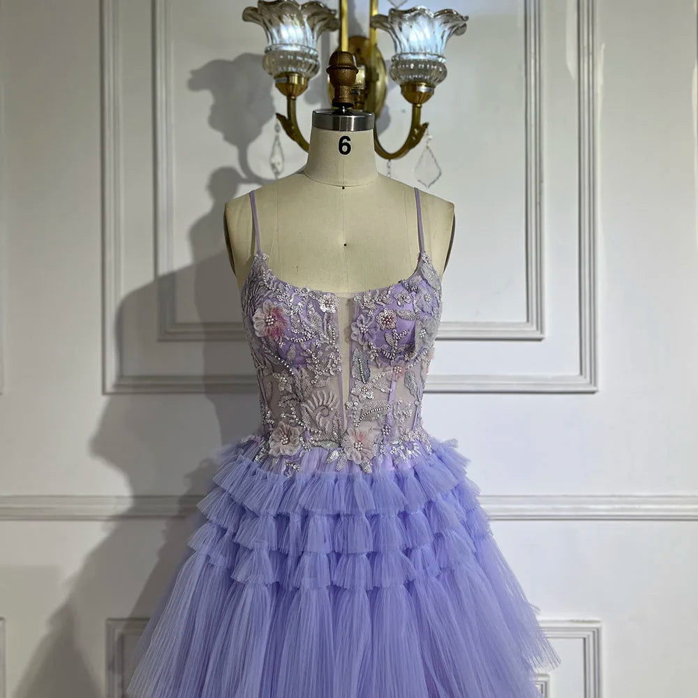 Serene Hill 2025 Arabic Lilac Spaghetti Strap Tiered A-Line Lace Appliques Luxury Evening Gown for Women&