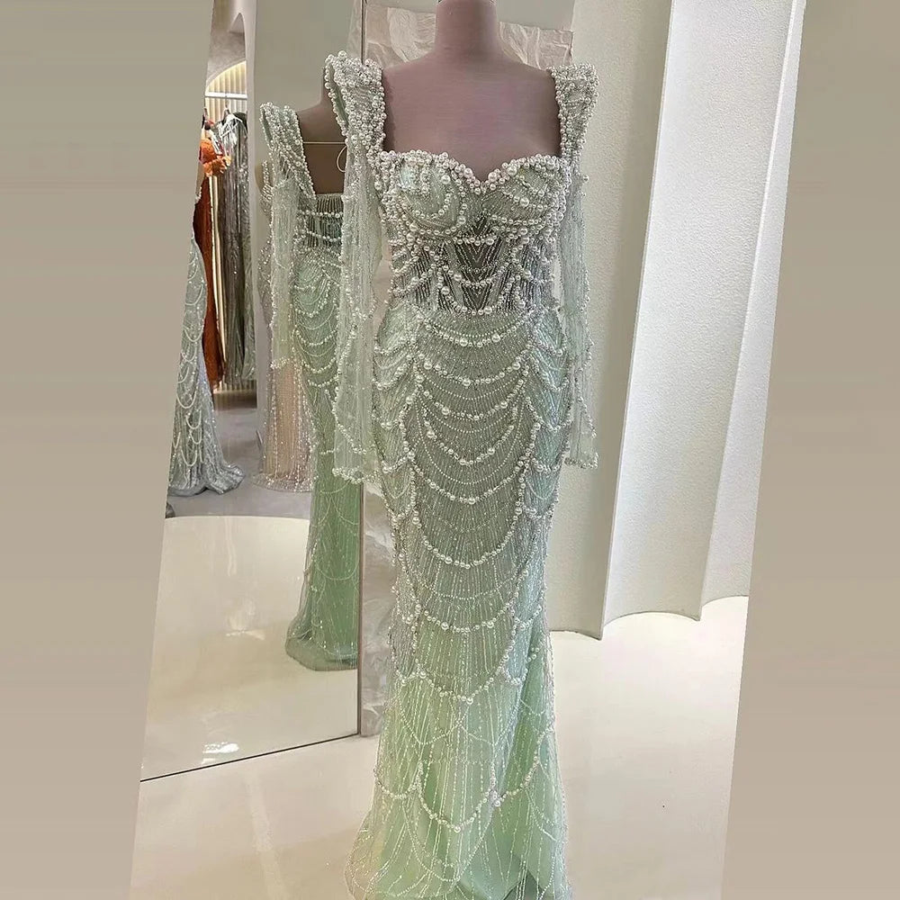 Serene Hill Arabic Sage Green Sweetheart Mermaid Pearls Beaded Luxury Dubai Evening Gown for Women&