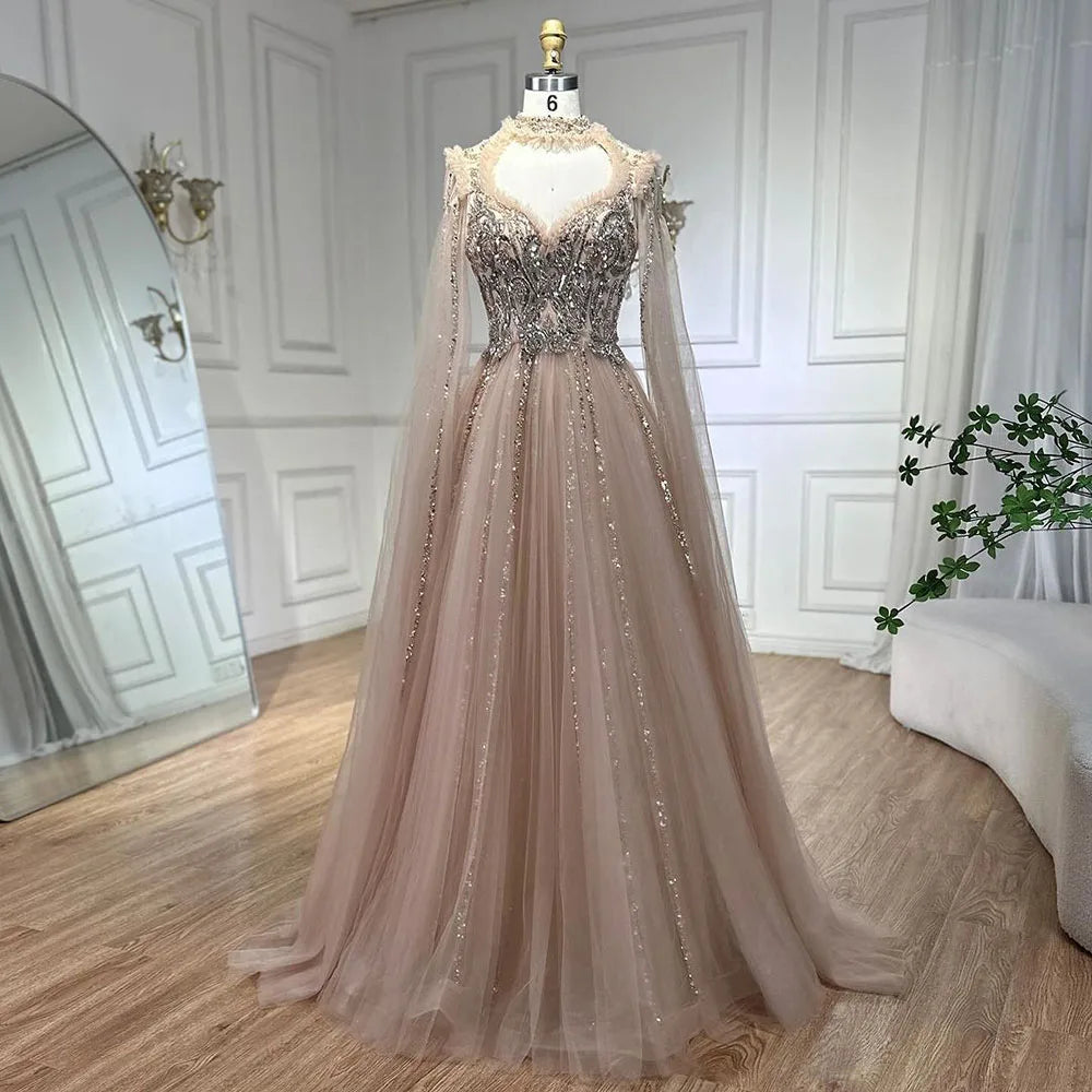 Serene Hill 2025 Arabic Nude A Line Elegant Cape Sleeves Beaded Luxury Evening Dresses Gowns for Women Wedding Party LA72384 - SERENE HILL