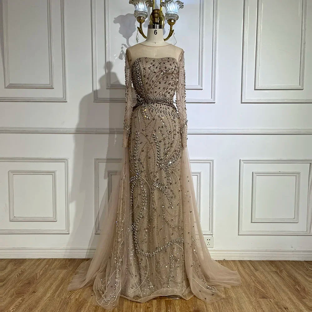 Serene Hill 2025 Arabic Nude Elegant Mermaid Evening Gowns with Beaded Skirt Lace-Up for Women&