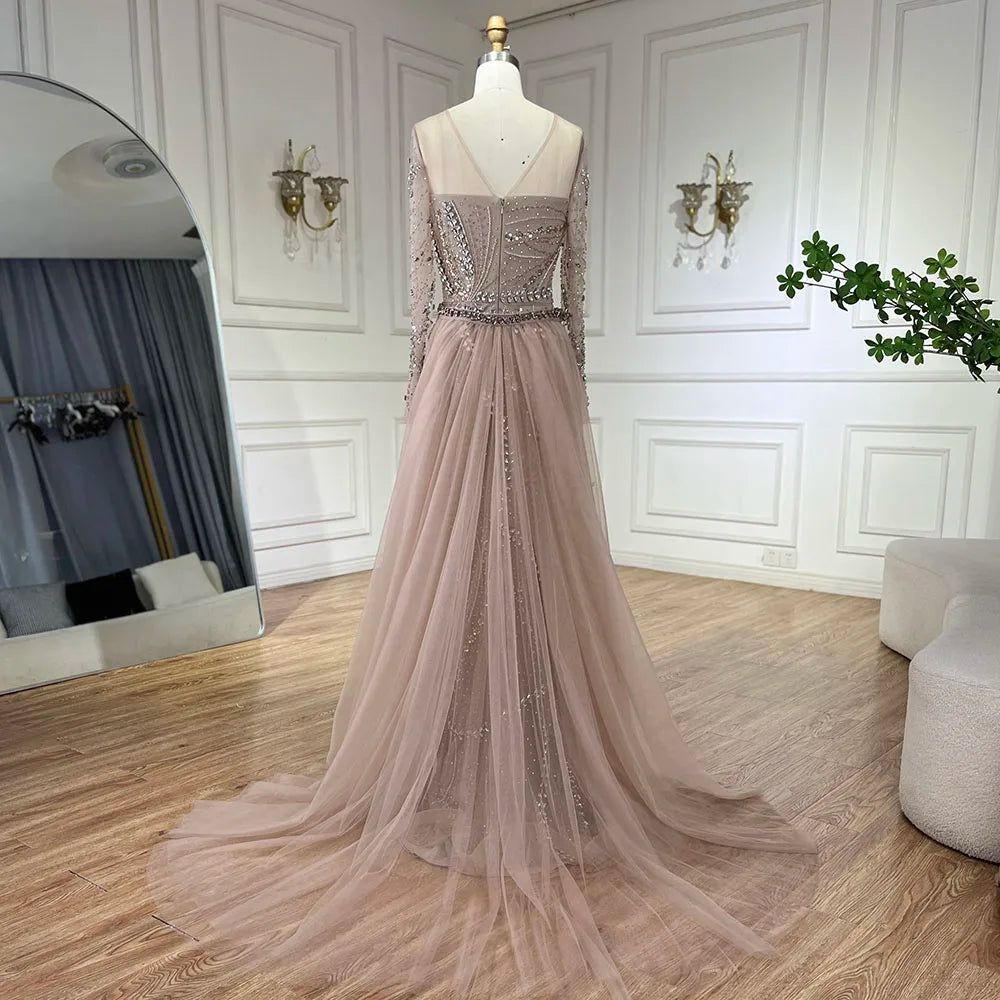 Serene Hill 2025 Arabic Nude Elegant Mermaid Evening Gowns with Beaded Skirt Lace-Up for Women&