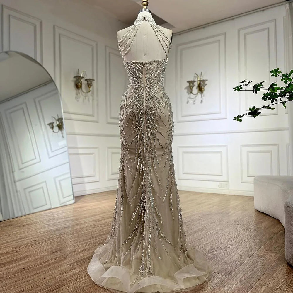 Serene Hill Arabic Nude Halter Neck Mermaid Pearls Beaded Luxury Dubai Evening Gown for Women&