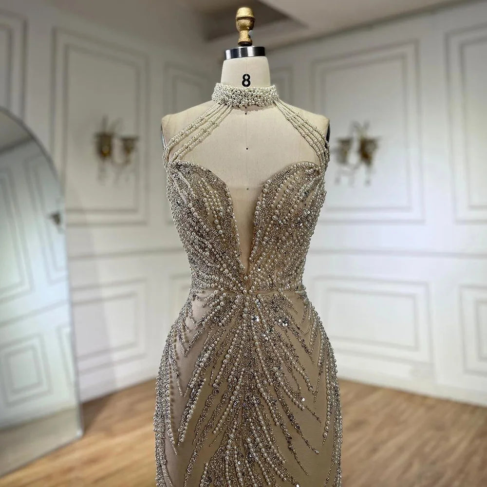 Serene Hill Arabic Nude Halter Neck Mermaid Pearls Beaded Luxury Dubai Evening Gown for Women&