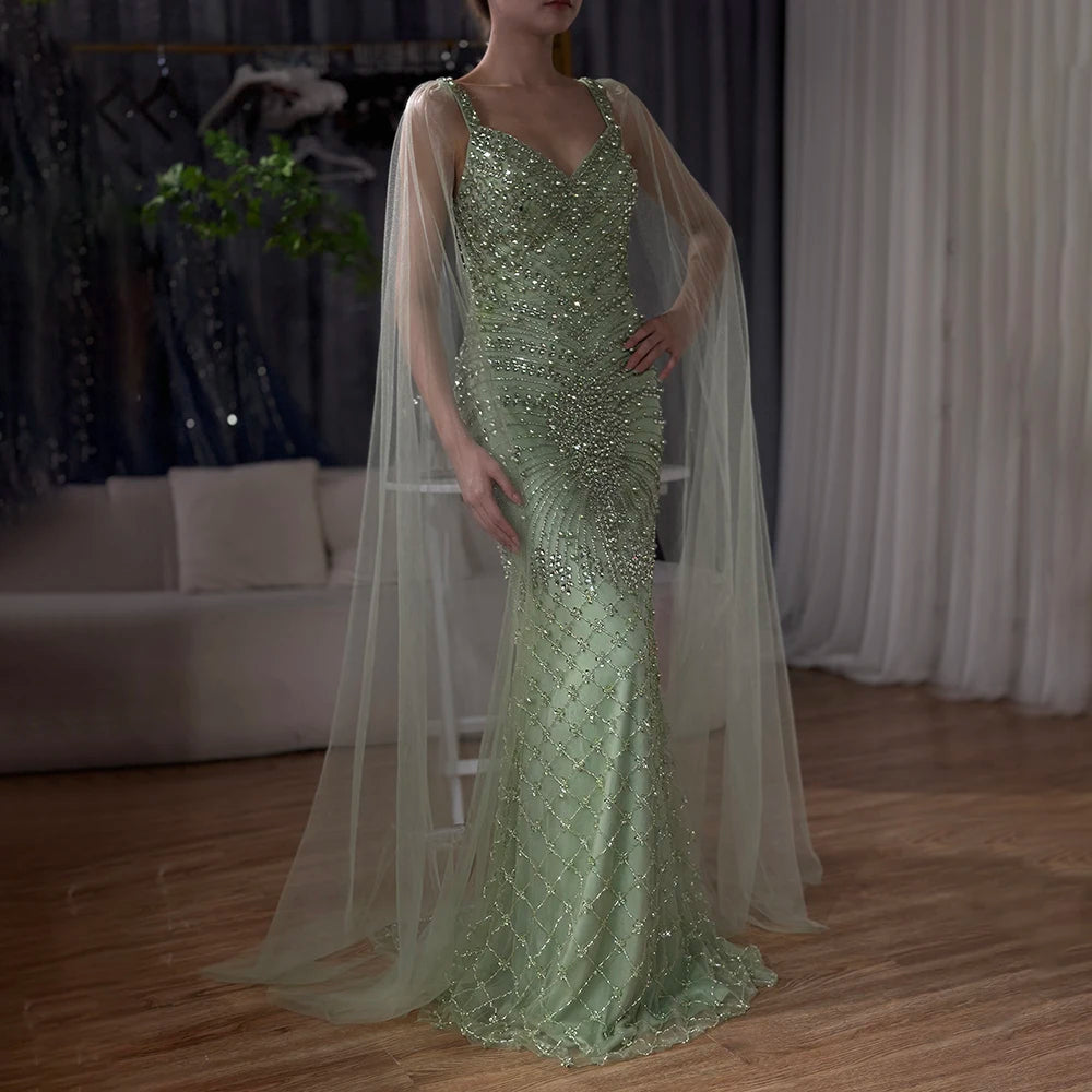 Luxury Dubai Arabic Nude Mermaid Cape Sleeve Beaded Luxury Saudi Evening Gown for Formal Occasion LA72748 - SERENE HILL