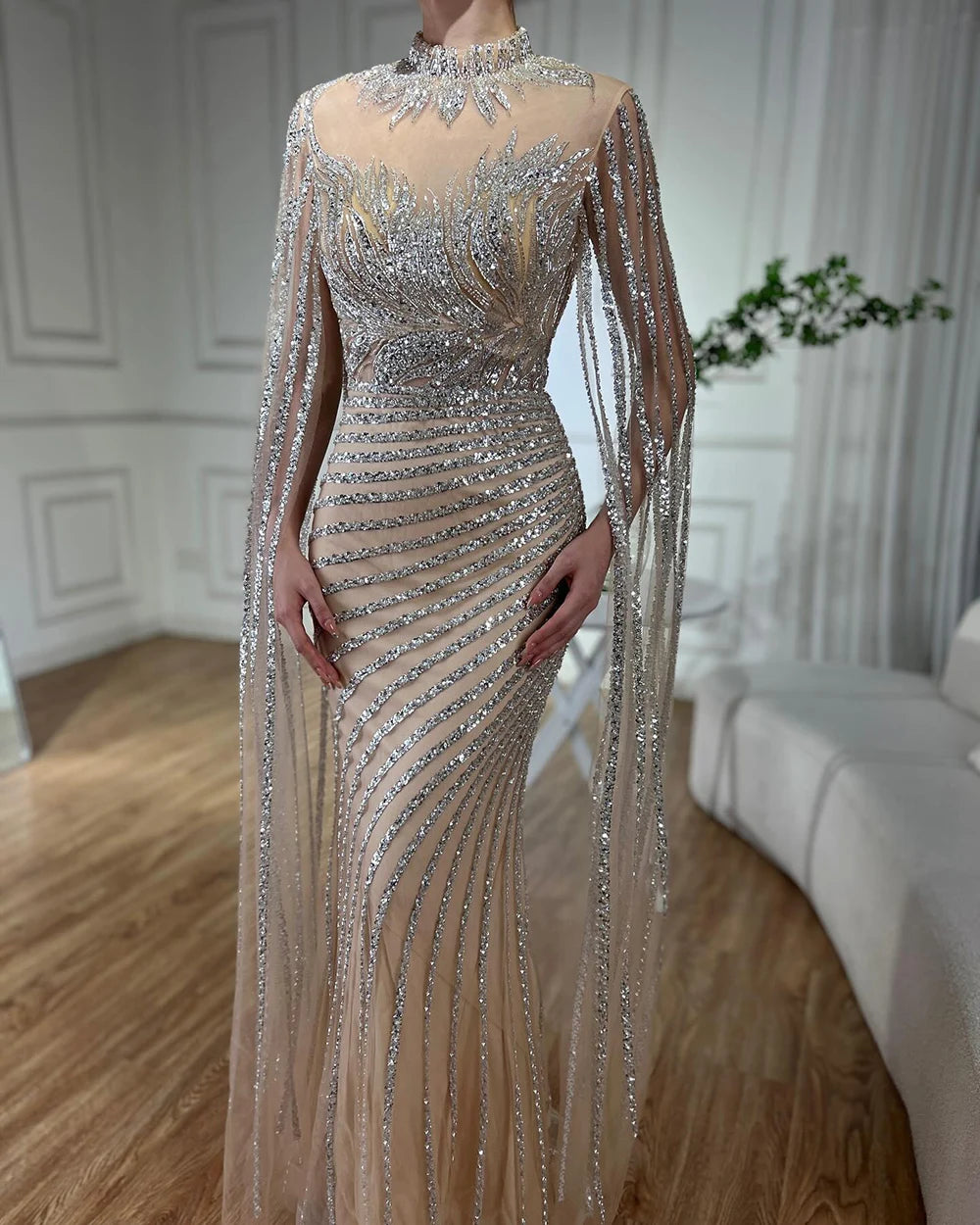 Luxury Dubai Arabic Nude Mermaid Long Evening Dresses With CapeLA71885B - SERENE HILL