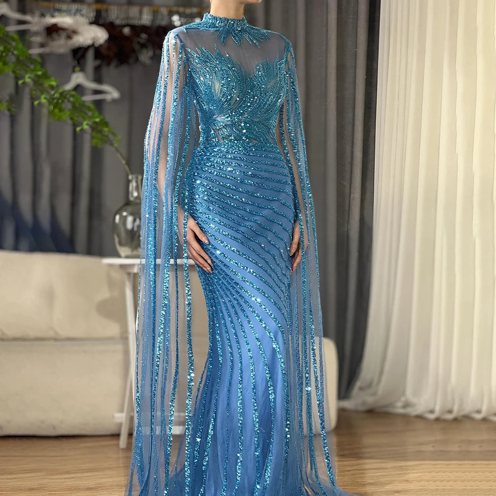 Luxury Dubai Arabic Nude Mermaid Long Evening Dresses With CapeLA71885B - SERENE HILL