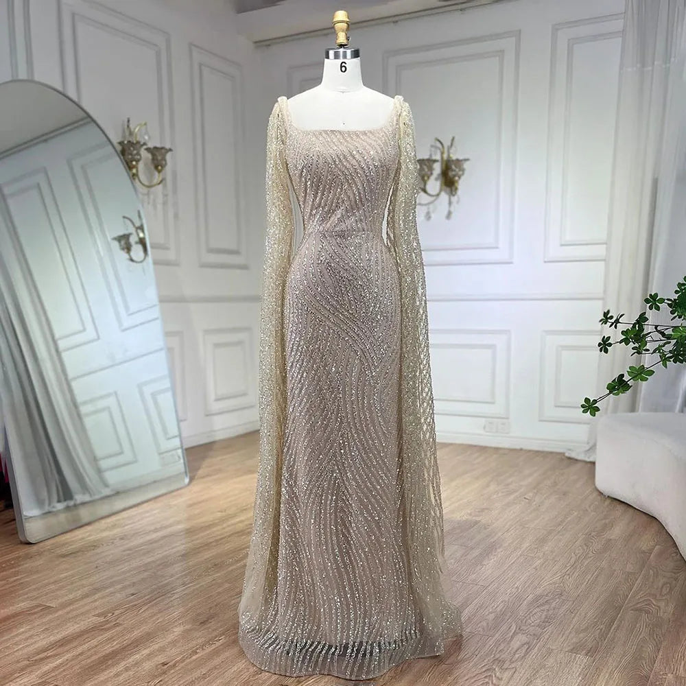 Serene Hill 2025 Arabic Nude Mermaid Elegant Cape Sleeves Beaded Luxury Evening Dresses Gowns for Women Wedding Party LA72320 - SERENE HILL