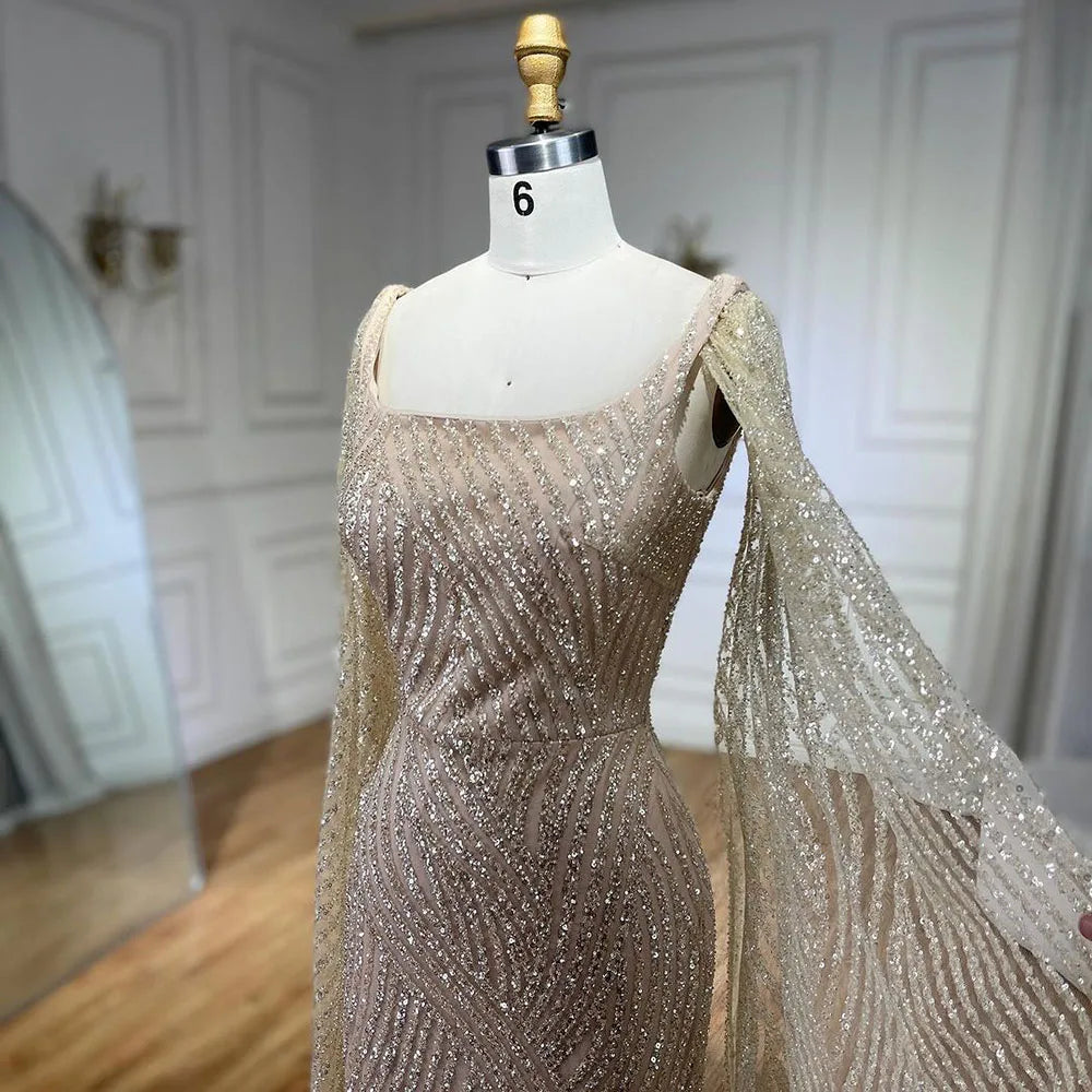 Serene Hill 2025 Arabic Nude Mermaid Elegant Cape Sleeves Beaded Luxury Evening Dresses Gowns for Women Wedding Party LA72320 - SERENE HILL