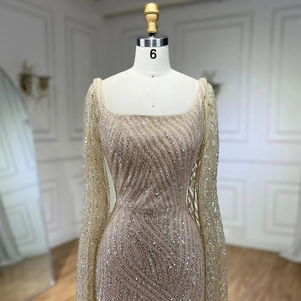 Serene Hill 2025 Arabic Nude Mermaid Elegant Cape Sleeves Beaded Luxury Evening Dresses Gowns for Women Wedding Party LA72320 - SERENE HILL