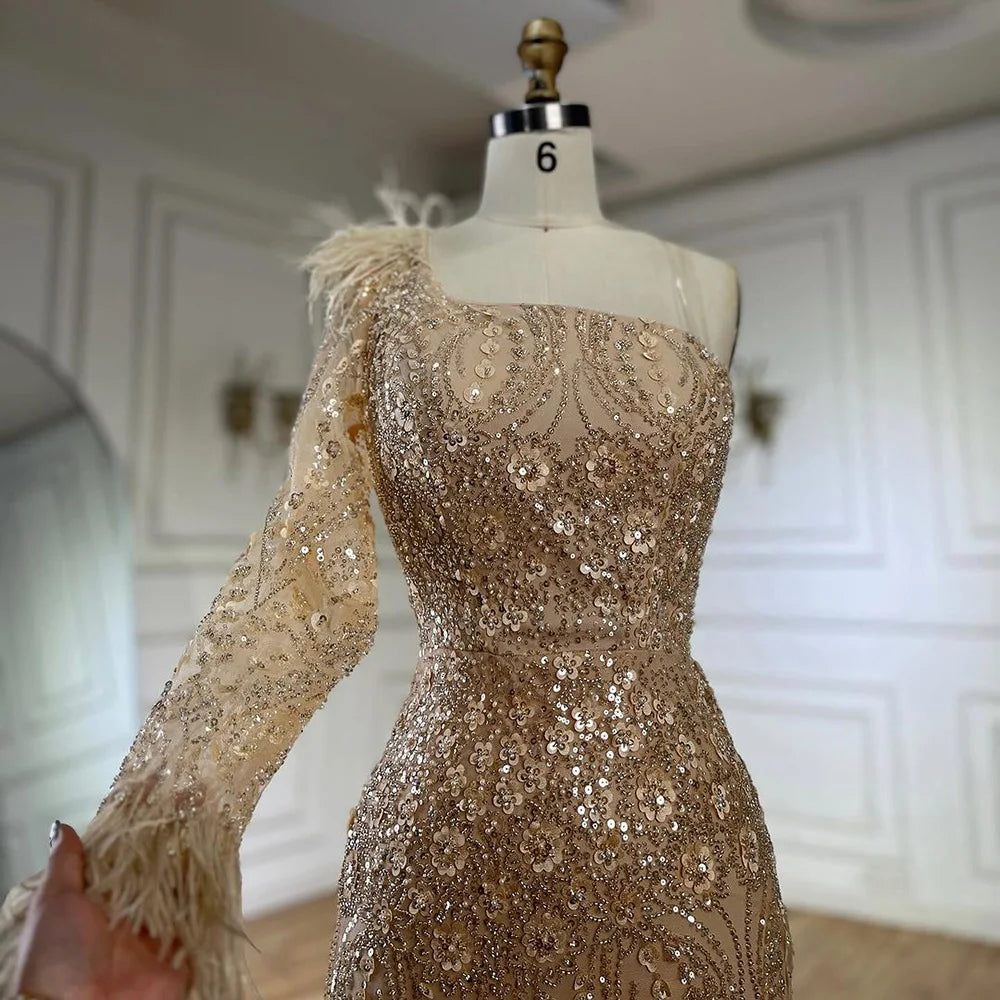Serene Hill Arabic Nude One Shoulder Beaded Feathers Luxury Dubai Evening Gowns for Women&