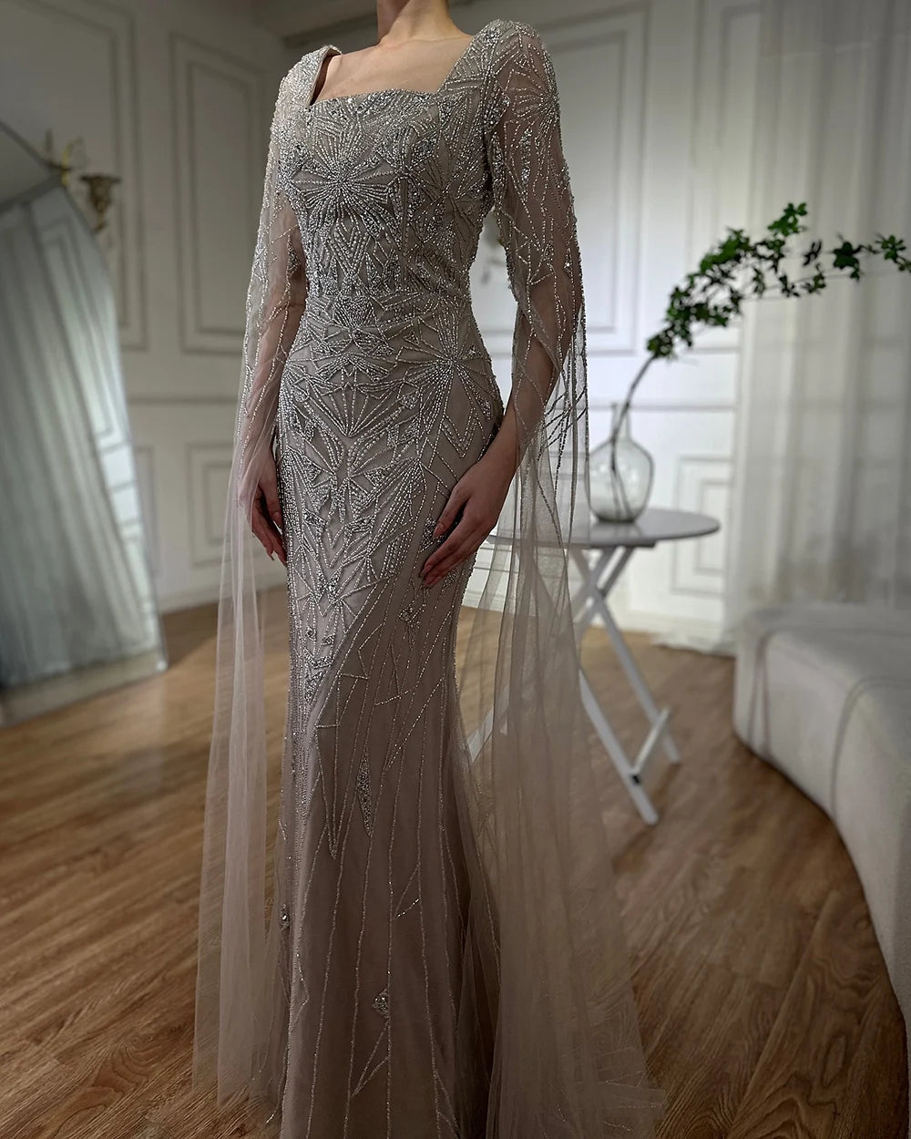 Luxury Dubai Arabic Nued Cape Sleeves Mermaid Saudi Evening Dresses Beaded Luxury Party Gowns for Formal Occasion LA72261B - SERENE HILL