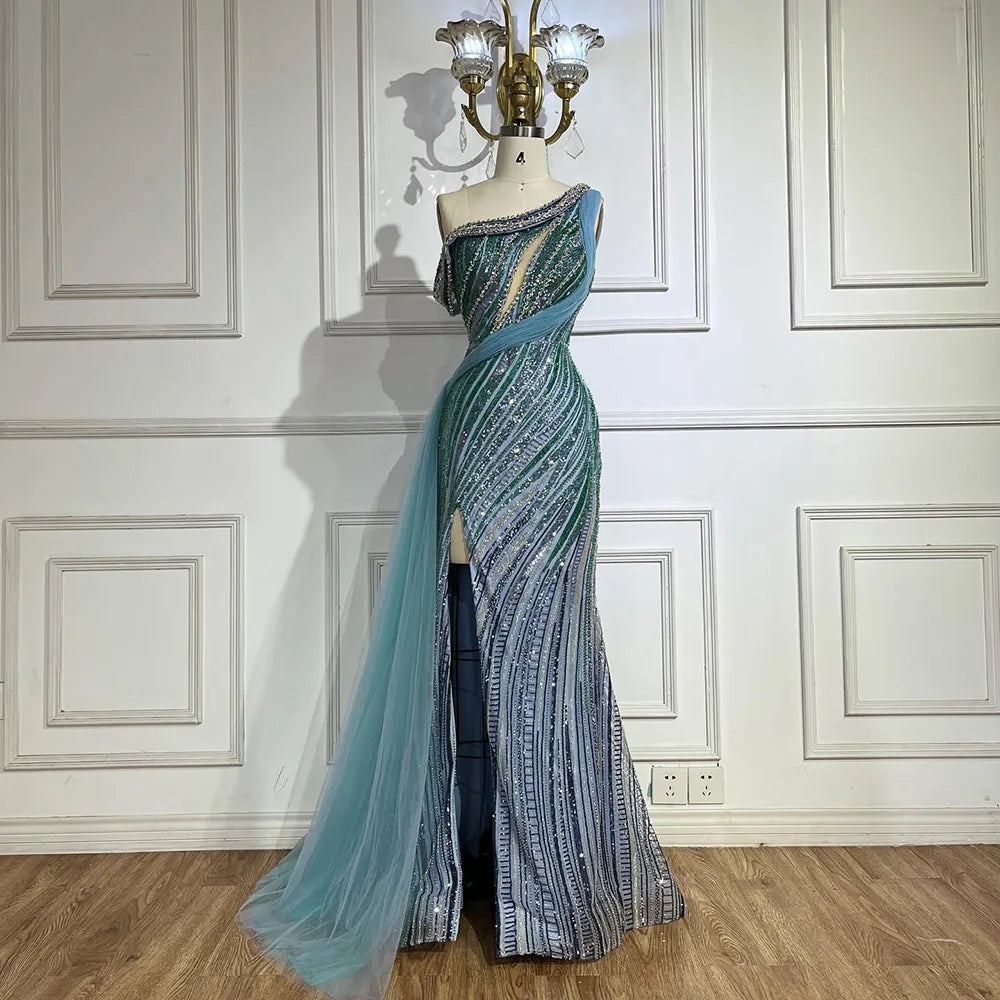 Luxury Dubai Arabic One-Shoulder High Split Blue Mermaid Gown Luxury Beaded Saudi Evening Dress for Formal Occasion LA72718 Blue / 12 Luxury Dubai Arabic One-Shoulder High Split Blue Mermaid Gown Luxury Beaded Saudi Evening Dress for Formal Occasion LA72718 Blue / 12