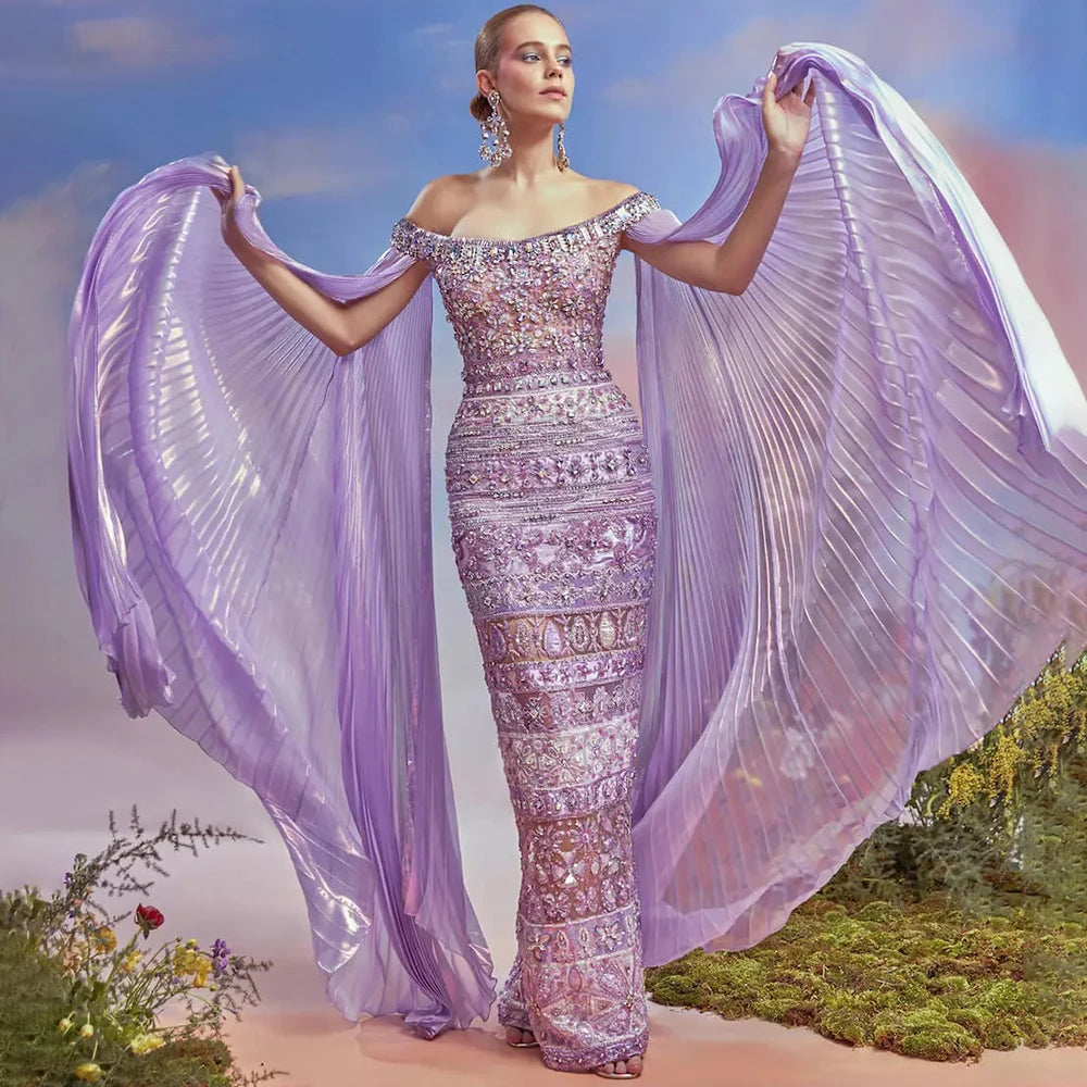 Serene Hill 2025 Arabic Purple Cape Sleeves Mermaid Dubai Beaded Luxury Evening Dresses for Women Wedding Party Gowns LA72175 - SERENE HILL