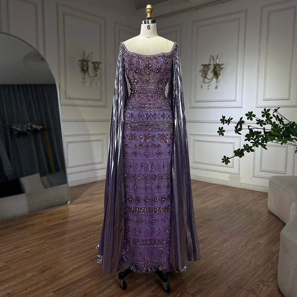 Serene Hill 2025 Arabic Purple Cape Sleeves Mermaid Dubai Beaded Luxury Evening Dresses for Women Wedding Party Gowns LA72175 - SERENE HILL