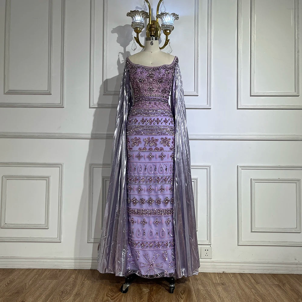 Serene Hill 2025 Arabic Purple Cape Sleeves Mermaid Dubai Beaded Luxury Evening Dresses for Women Wedding Party Gowns LA72175 - SERENE HILL