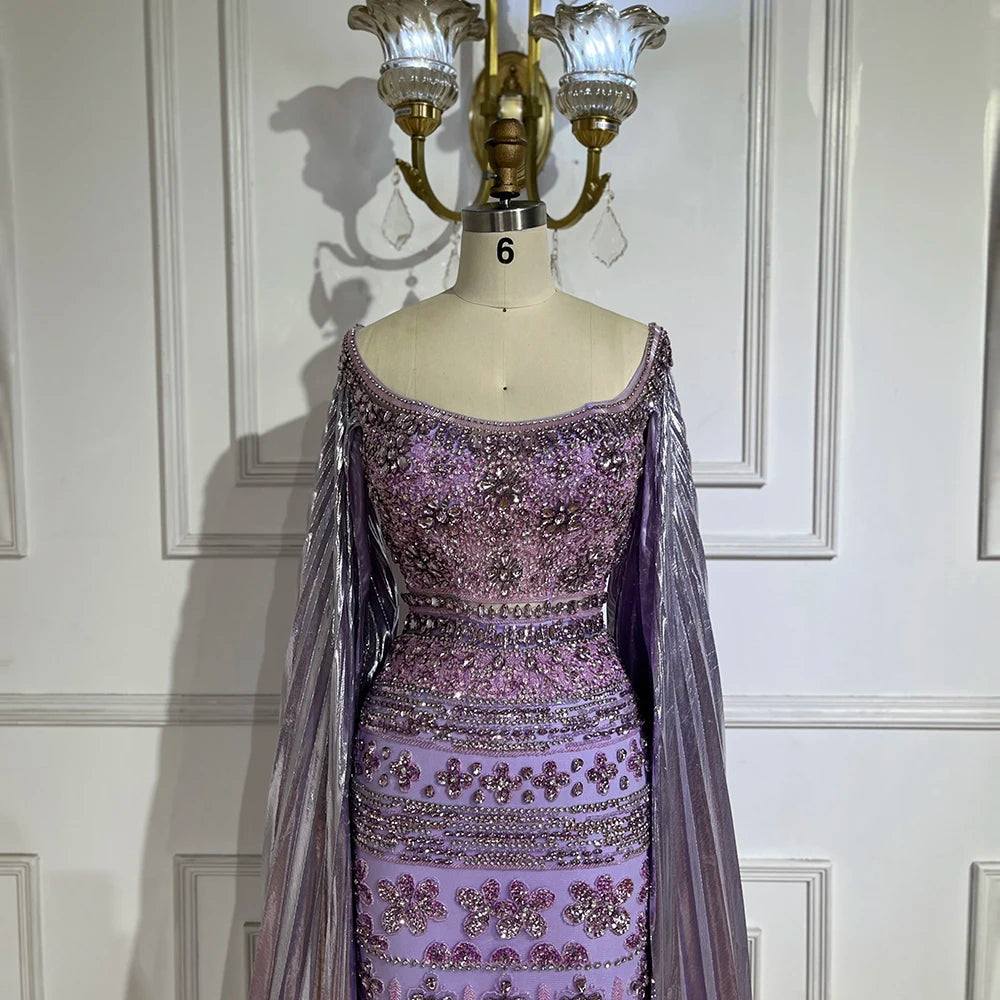 Serene Hill 2025 Arabic Purple Cape Sleeves Mermaid Dubai Beaded Luxury Evening Dresses for Women Wedding Party Gowns LA72175 - SERENE HILL