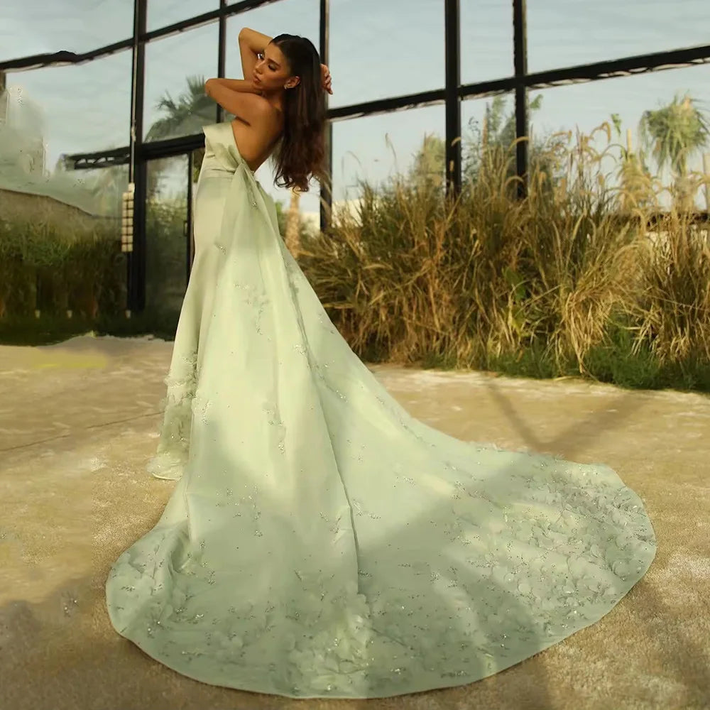 Luxury Dubai Arabic Sage Green Satin A Line Luxury Crystal Appliques Evening Gown for Formal Occasion LA72724 - SERENE HILL