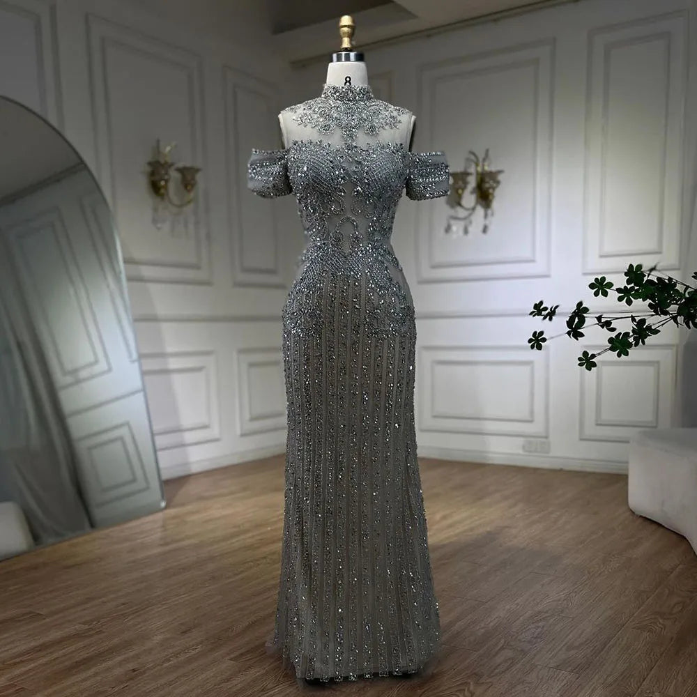 Serene Hill 2025 Arabic Silver Nude Mermaid Beaded Crystal Luxury Dubai Evening Dresses Gowns for Women Wedding Party LA72411 - SERENE HILL