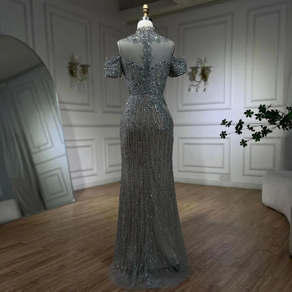 Serene Hill 2025 Arabic Silver Nude Mermaid Beaded Crystal Luxury Dubai Evening Dresses Gowns for Women Wedding Party LA72411 - SERENE HILL