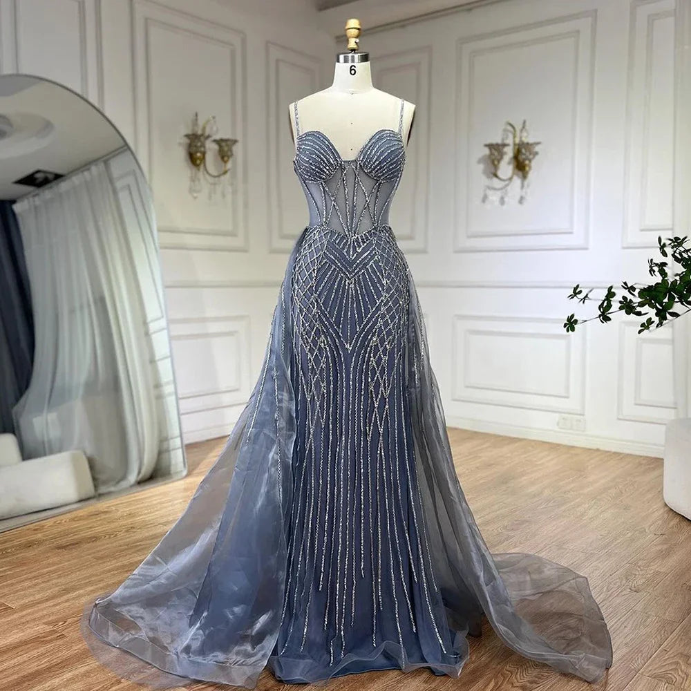 Serene Hill 2025 Arabic Spaghetti Strap Pink Mermaid Overskirt Beaded Evening Dresses Gowns for Women Wedding Party LA72451 - SERENE HILL
