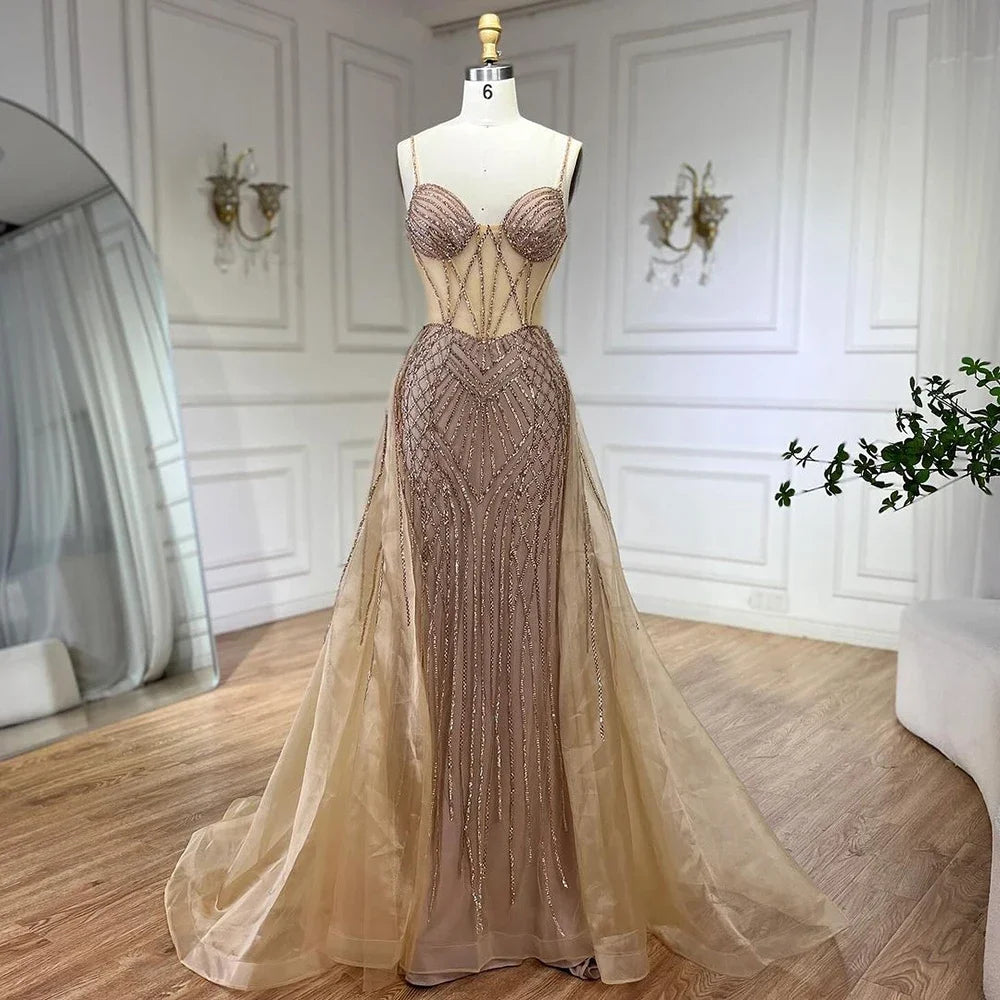 Serene Hill 2025 Arabic Spaghetti Strap Pink Mermaid Overskirt Beaded Evening Dresses Gowns for Women Wedding Party LA72451 - SERENE HILL