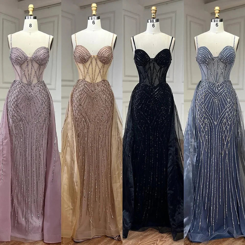 Serene Hill 2025 Arabic Spaghetti Strap Pink Mermaid Overskirt Beaded Evening Dresses Gowns for Women Wedding Party LA72451 - SERENE HILL