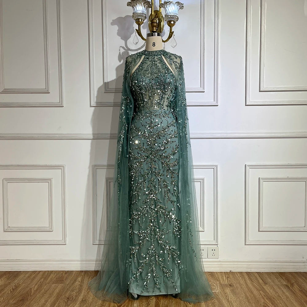 Luxury Caramel Arabic Beaded Mermaid Evening Dress with Cape Sleeves LA72652 - SERENE HILL