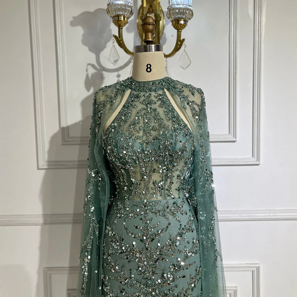 Luxury Caramel Arabic Beaded Mermaid Evening Dress with Cape Sleeves LA72652 - SERENE HILL